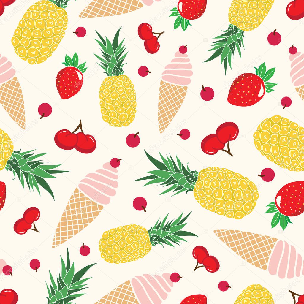 Seamless summer pattern with ice cream and fruits illustration