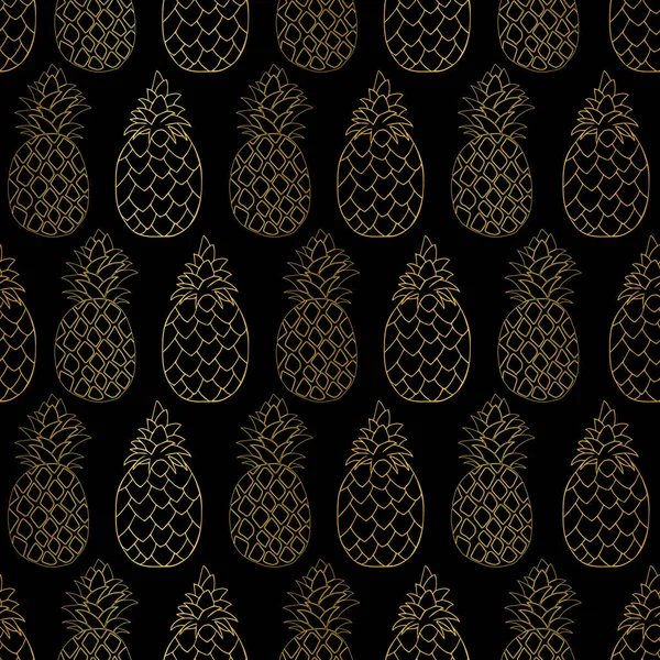 Naadloos Patroon Met Gouden Ananas Zwarte Achtergrond Illustratie — Stockvector