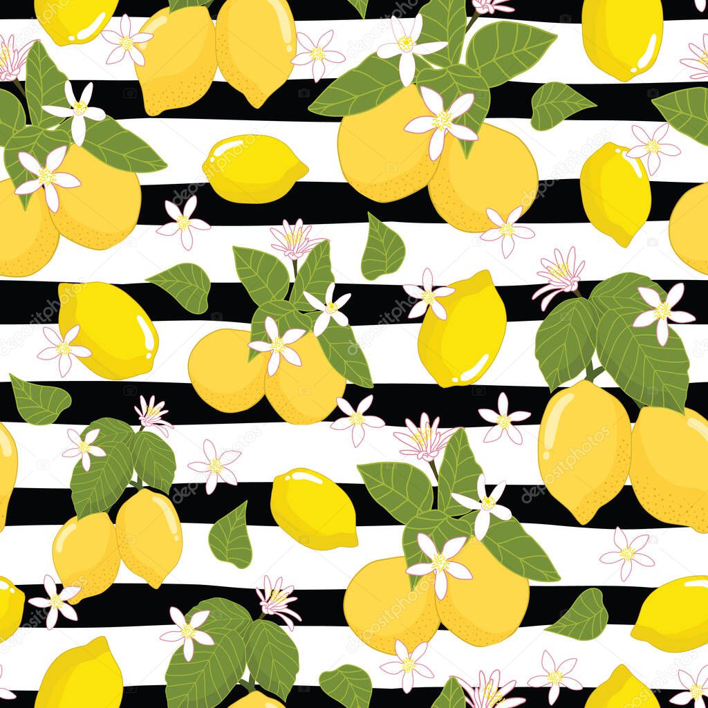 Seamless pattern lemons and leaves on striped background illustration