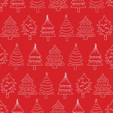 Kusursuz desen, kırmızı arkaplandaki Noel ağaçlarını özetliyor.