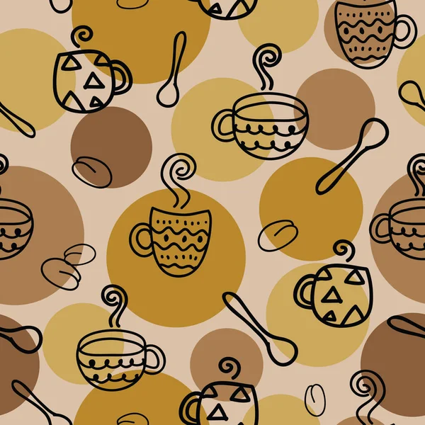 Padrão Sem Costura Com Doodles Xícara Café Círculos Marrons Ilustração — Vetor de Stock