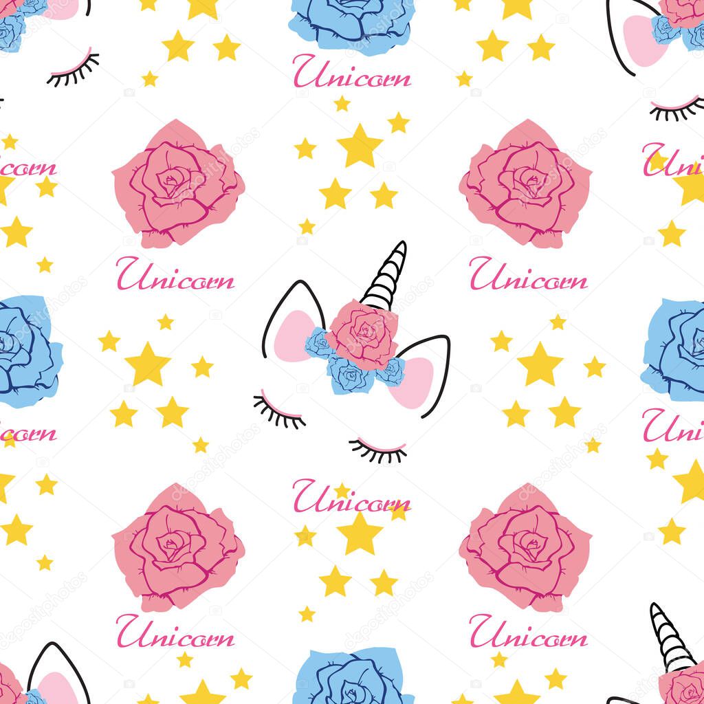 Seamless unicorn head pattern with roses and stars