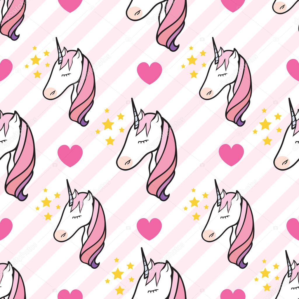 Seamless pattern with unicorn head and hearts illustration