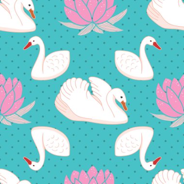 Beyaz kuğular ve nilüferlerin pürüzsüz desenleri