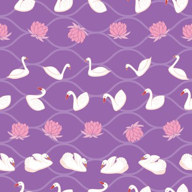 Kuğu ve pembe nilüferli, pürüzsüz bir desen.