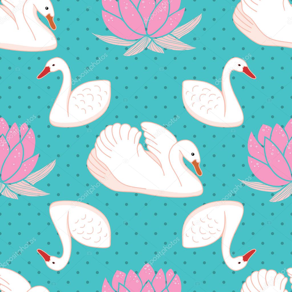 White swans and water lily seamless pattern