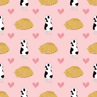 Pembe arka planda sevimli kedileri ve kalpleri olan kusursuz vektör deseni tasarımı