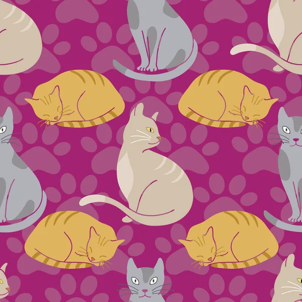 Cute Koty Bezszwowe Wzór Fioletowym Tle Łapy Odcisków Ilustracji — Wektor stockowy