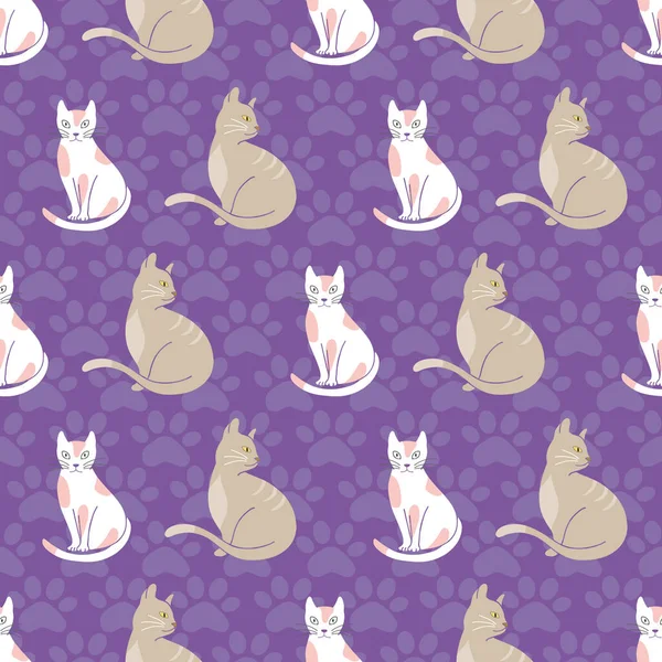 Cats Seamless Pattern Purple Paw Prints Background Illustration — Stock Vector