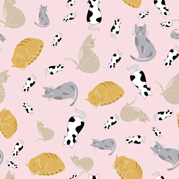 Colorful Cats Seamless Pattern Pastel Pink Background Illustration — Stock Vector