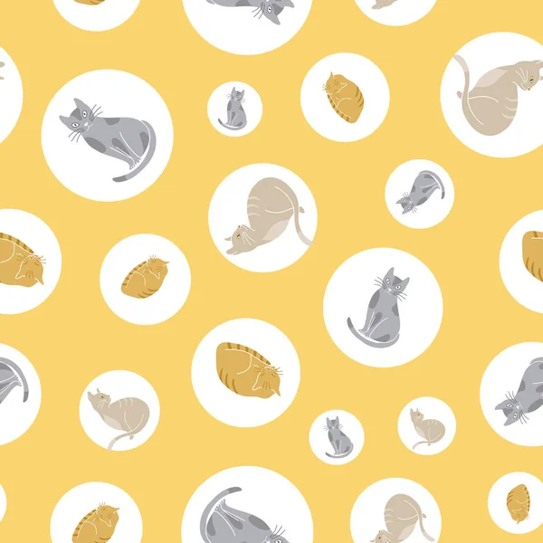 黄色の背景のイラストに猫や円とシームレスなベクトルパターン — ストックベクタ