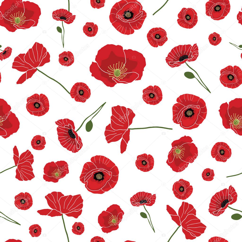 Seamless bright poppy pattern on white background illustration