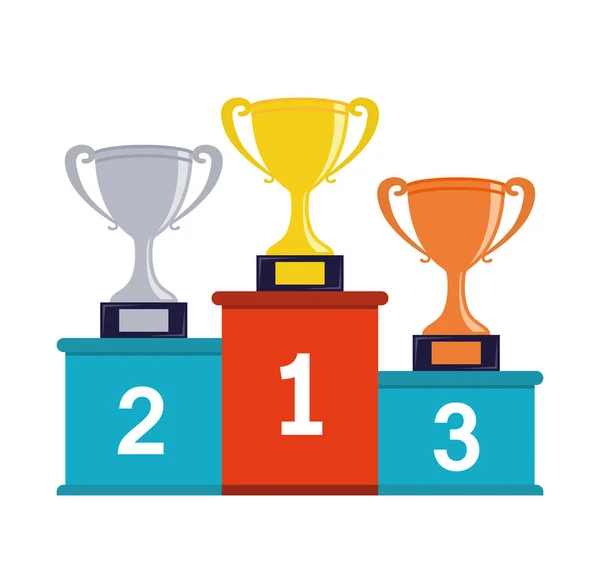 Podium des gagnants avec des tasses trophées — Image vectorielle