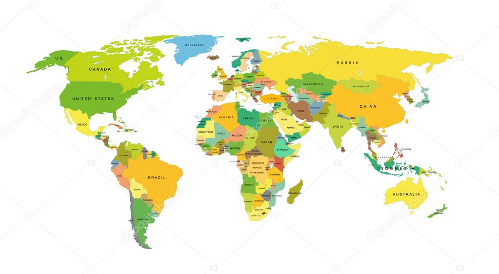Detaljerad Världskarta med länder. Vektor — Stock Vektor © Warmworld