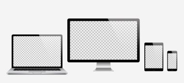 Bilgisayar, dizüstü bilgisayar, tablet, ayarlanan telefon. Vektör çizim