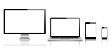 Bilgisayar, dizüstü bilgisayar, tablet, ayarlanan telefon. Vektör çizim