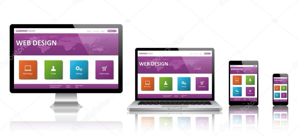 Computer, laptop, tablet, phone set . Website. Vector illustration