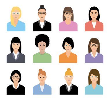 İnsanlar simgeler kümesi. Takım kavramı. Çeşitli iş kadın avatar simgeleri. Düz tasarım insanlar karakterler vektör çizim.