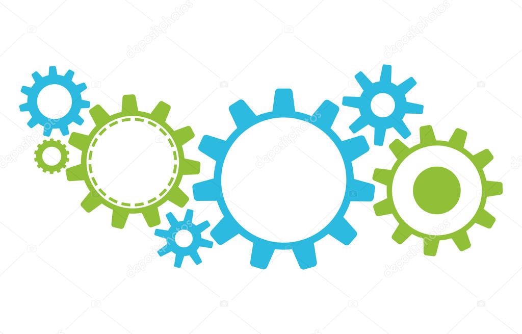 Green and blue gears on white background. Vector illustration