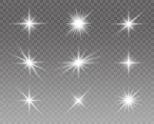 Effetto luci luminose, bagliore, sole e stelle tramontano. Illustrazione vettoriale — Vettoriale Stock