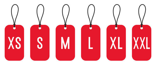 Набор этикеток размеров одежды: XS, S, M, L, XL, XXL. Векторная иллюстрация
