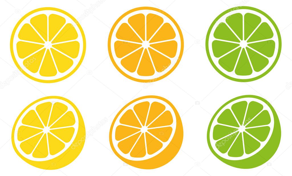 Citrus slice set. Lemon slice. Orange slice. Lime slice. Vector illustration