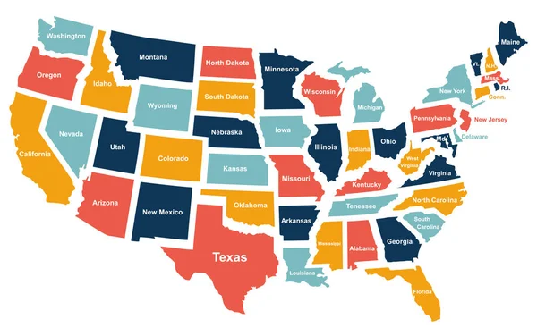 Colorido mapa de Estados Unidos con estados. Ilustración vectorial — Archivo Imágenes Vectoriales