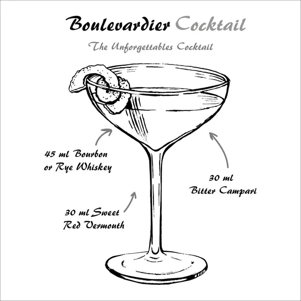 Boulevardier vector de receta de cóctel con boceto de giro naranja — Vector de stock