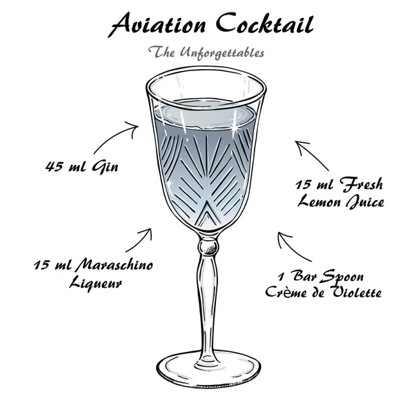 Cocktail Vector de recetas de aviación, boceto de bajo contenido alcohólico — Vector de stock