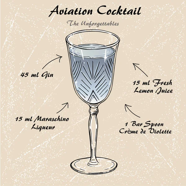 Cocktail Vector de recetas de aviación, boceto de bajo contenido alcohólico — Vector de stock