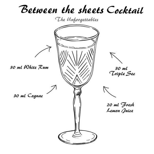 Cóctel entre las sábanas, alcohol bebida vectorial bosquejo — Vector de stock