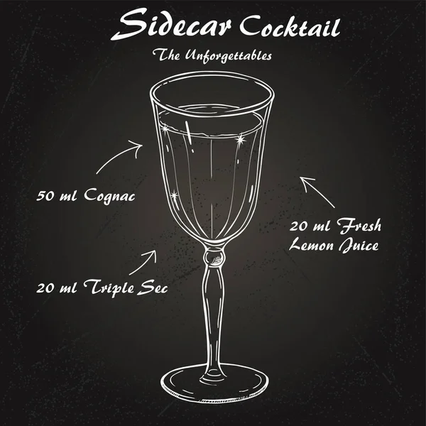 Sidecar alkohol cocktail recept vektor handrawn skiss — Stock vektor