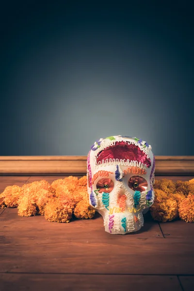 Sugar Skull with cempasuchil flowers — Stock Photo, Image