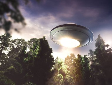 Bir orman üzerinde uçan Ufo
