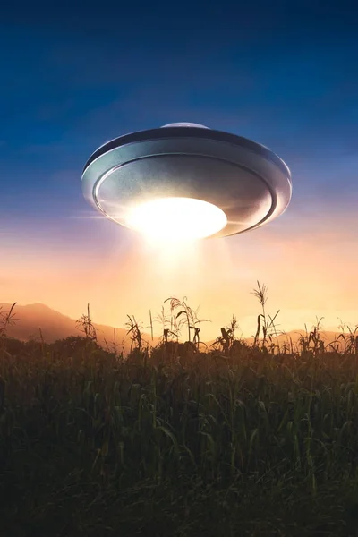 UFO with abduction beam flying in the sky — Stock Photo, Image