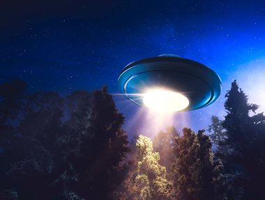 Yüksek kontrast görüntü geceleri ışık demeti bir orman üzerinde uçan UFO