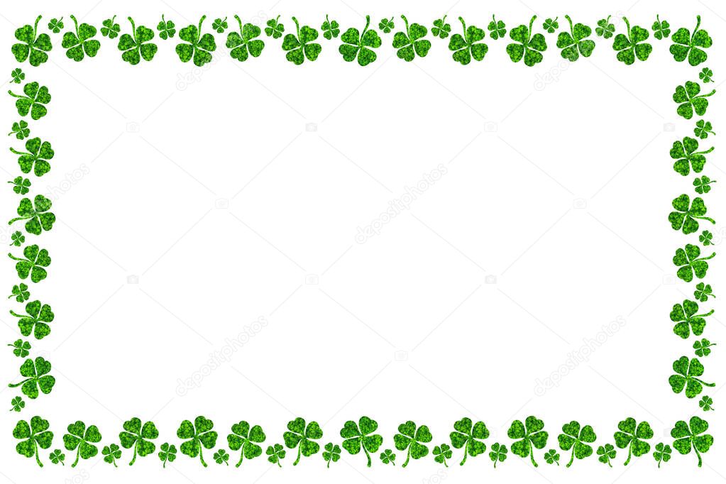 Beautiful St. Patrick's Day Postcard / Wishes Card with Shamrock or 4-Leaf Clover Frame, Isolated on White Background with Clipping Path or Selection Path Included.