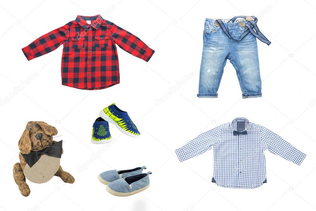 Set of spring and summer fashion for boys. Beautiful Jeans, shir