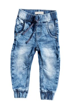 Beyaz arka plan üzerinde izole mavi kot pantolon. Moda kot çocuk çocuk için. Üstten görünüm açık.