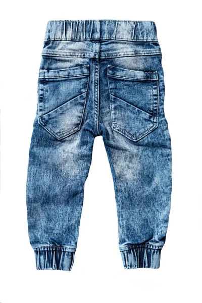 Calça jeans azul isolada em fundo branco. Calças de ganga na moda de rapaz de criança. Top vista para trás site . — Fotografia de Stock