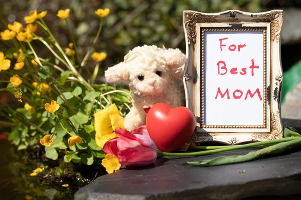 Mothers day greeting card. Red heart, a cute little sheep and a rustic picture frame where is written For Best mom. Frame, sheep and red heart are presented on a stone and the background are beautiful yellow blooming flowers. Concept Mothers day. — Stock Photo, Image