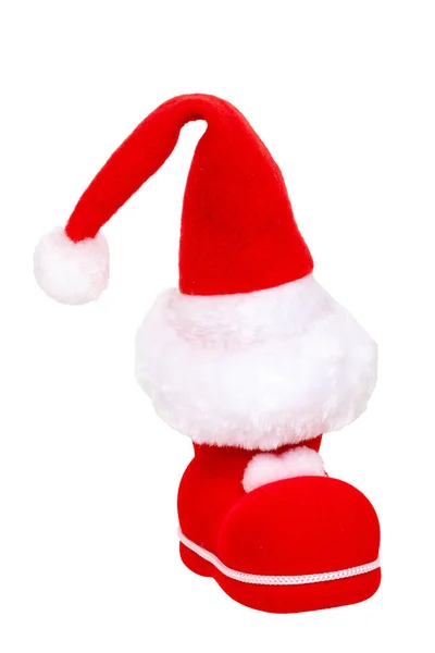 Juldekorationer isolerade. Närbild av en röd jultomte känga med en jultomte hatt på den isolerad på en vit bakgrund. Vacker jul design element. Makro. — Stockfoto