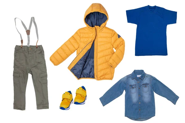 Collage Set von Kinderkleidung. Jeans oder Hose, ein Paar Jeans — Stockfoto