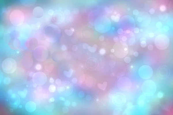 Abstracte feestelijke vervaging helder blauw pastel achtergrond met roze harten liefde bokeh en sterren voor trouwkaart of Valentijnsdag. Romantische textuur achtergrond met ruimte voor uw ontwerp. Kaartconcept. — Stockfoto