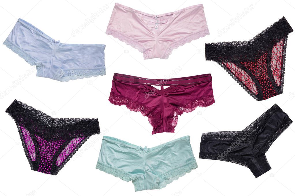 Underwear woman isolated. Collage of different luxurious elegant