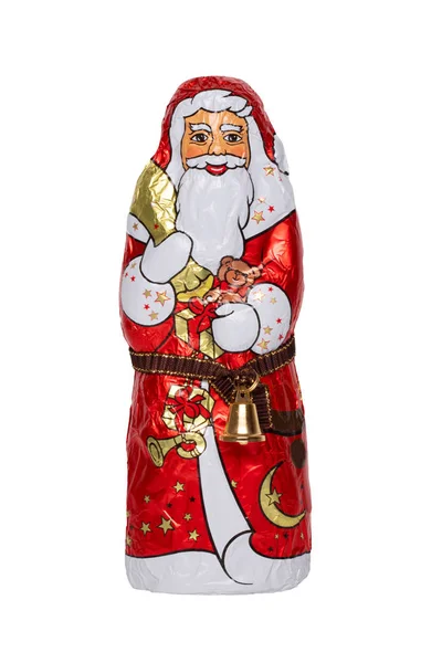 Çikolatalı Noel Baba izole edilmiş. Neşeli bir çikolatanın yakın çekimi.
