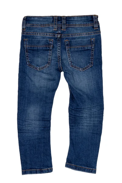 Fashionabla denimkläder. Närbild av en trendig snygg denim stretchbyxor eller byxor isolerade på en vit bakgrund. Fashionabla blå jeans för barn pojke. Bakifrån. — Stockfoto