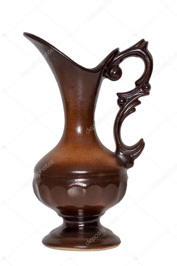 Ceramic vase isolated. Closeup of a brown yellow empty decorativ
