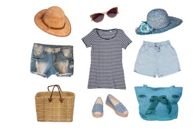 Collage of female summer beach clothes and accessories consist h
