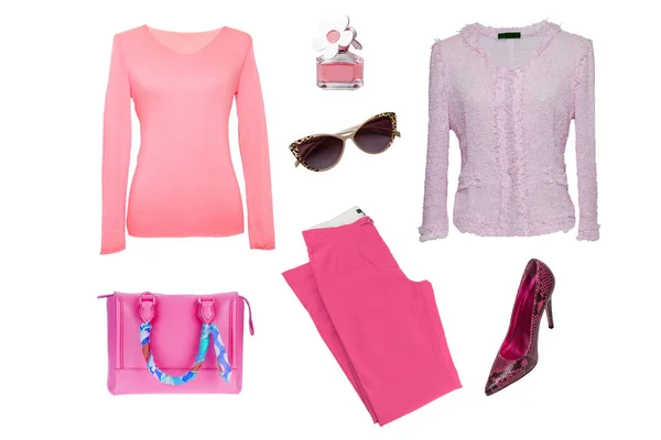 Collage Vrouwenkleren Set Van Een Stijlvolle Trendy Damesbroek Roze Blouse — Stockfoto